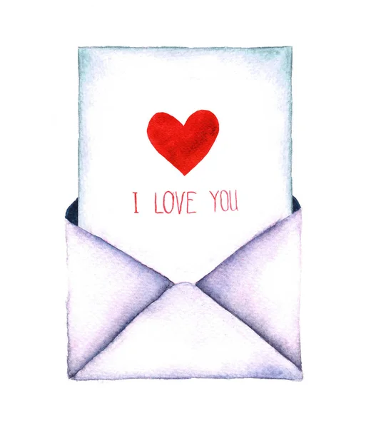 Watercolor valentine hearts and mails. Watercolor retro envelope. Vintage mail icon isolated on white background. Hand painted design element. Envelope with a letter - painted in watercolor. — Stock Photo, Image