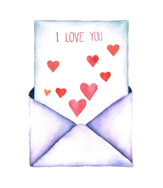 Aquarel valentine harten en mails. Aquarel retro envelop. Vintage postpictogram geïsoleerd op een witte achtergrond. Hand geschilderde ontwerpelement. Envelop met een brief - geschilderd in aquarel. — Stockfoto