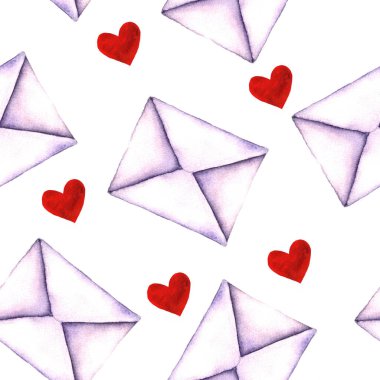 Seampless desen bir zarf içinde aşk mektupları ile izole beyaz bir arka plan üzerine suluboya boyalı. Sevgililer günü, sadaka, aşk Yazdır. Suluboya resim