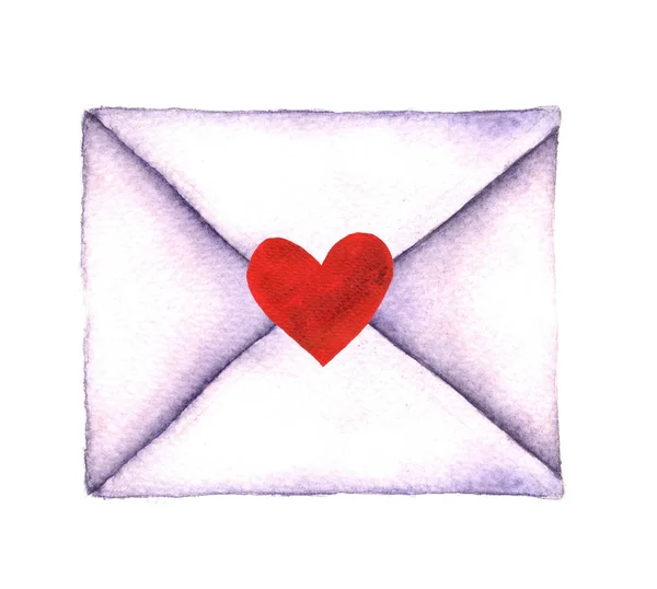 Szerelmes levelet a borítékba egy elszigetelt fehér background akvarell festett. Boríték szívvel. Valentin-nap, szeretet, szerelem nyomtatása. Akvarell illusztráció — Stock Fotó