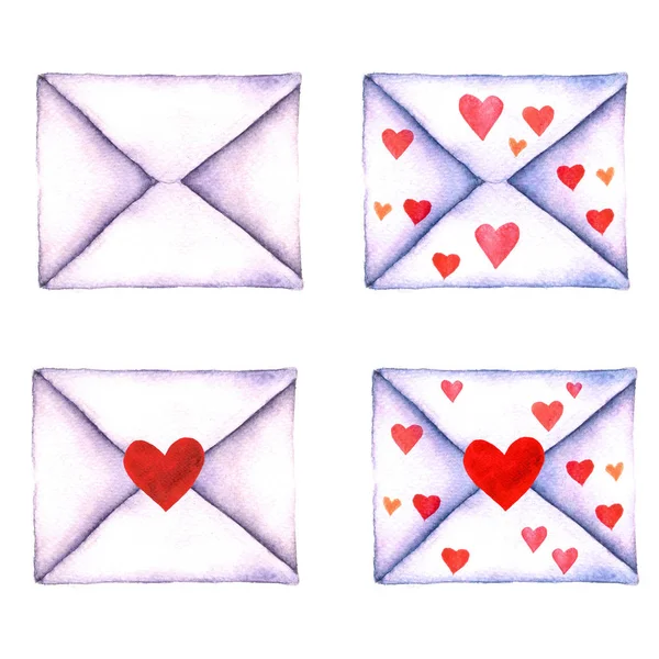 Aşk mektubu bir zarf içinde dizi izole beyaz bir arka plan üzerine suluboya boyalı. Zarf kalp ile. Sevgililer günü, sadaka, aşk Yazdır. Suluboya resim — Stok fotoğraf