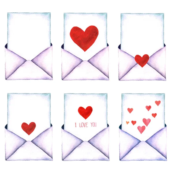 Carta de amor en un sobre pintado en acuarela sobre un fondo blanco aislado. Sobre con corazón. San Valentín, Caridad, Amor Imprimir. Ilustración de acuarela — Foto de Stock