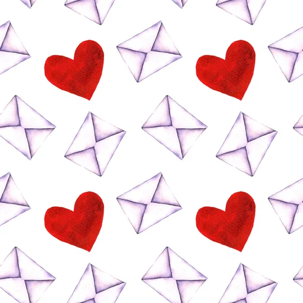 Безшовный рисунок с любовными буквами в конверте, окрашенном в акварель на белом фоне изолирован. День Святого Валентина, благотворительность, печать любви. Акварель — стоковое фото