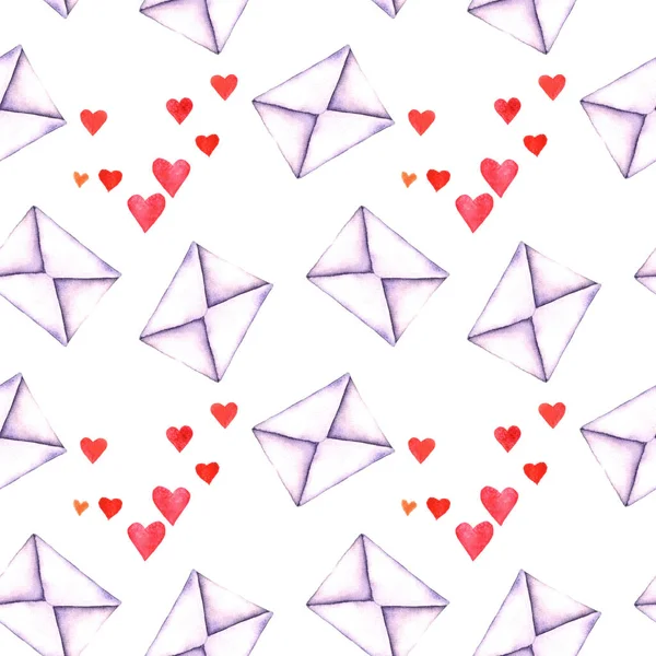 Seampless desen bir zarf içinde aşk mektupları ile izole beyaz bir arka plan üzerine suluboya boyalı. Sevgililer günü, sadaka, aşk Yazdır. Suluboya resim — Stok fotoğraf