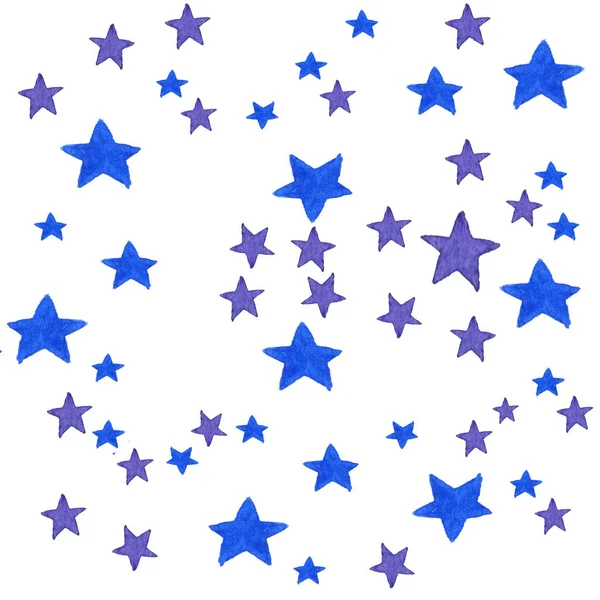 Голубые акварельные звезды фон. Акварельная иллюстрация для поздравительной открытки, наклейки, плаката, баннера. Изолированные звезды на белом фоне . — стоковое фото