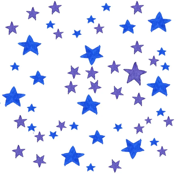 Azul acuarela estrellas fondo. Ilustración de acuarela para tarjeta de felicitación, pegatina, póster, pancarta. Estrellas aisladas sobre fondo blanco . —  Fotos de Stock