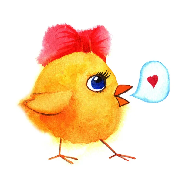 Kleines süßes Huhn mit roter Schleife. Aquarell handgemalte Illustration. — Stockfoto