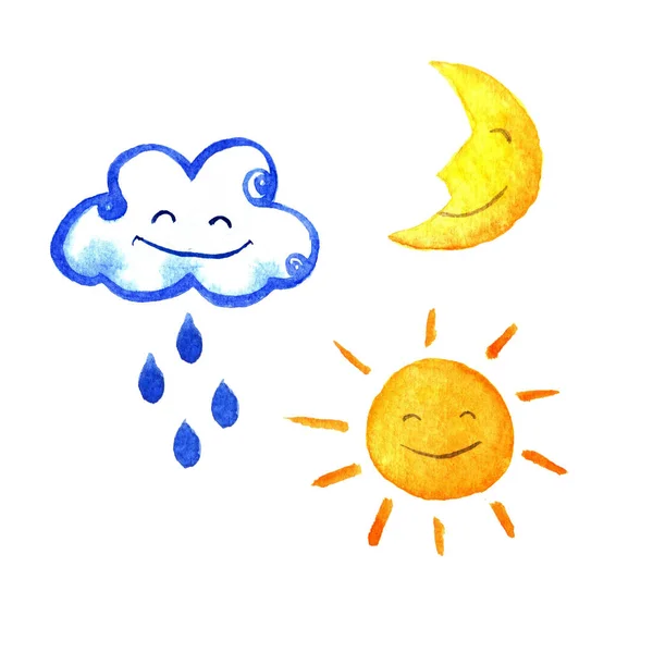 Wetter-Aquarell-Set von Ikonen. niedlich lächelnde Sonne, Mond, Stern, Tropfen und Wolken. Handgemalte Illustration. — Stockfoto