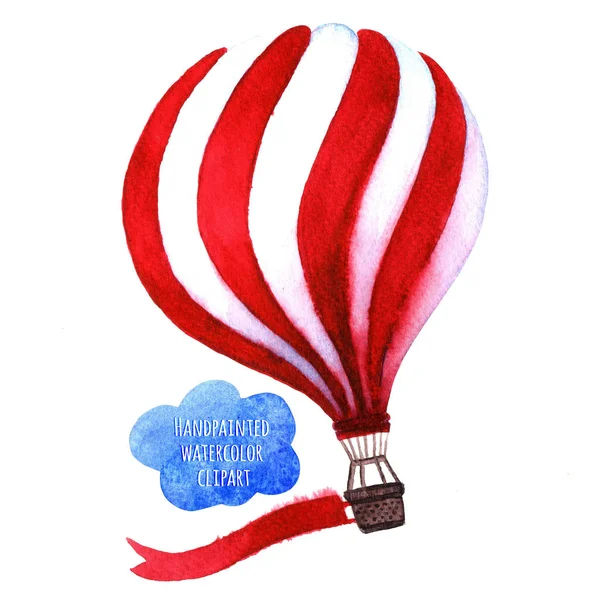 Färgglada varm luft ballong, isolerade över vita. Akvarell Illustration på bakgrund. Perfekt för inbjudningar, affischer och kort — Stockfoto