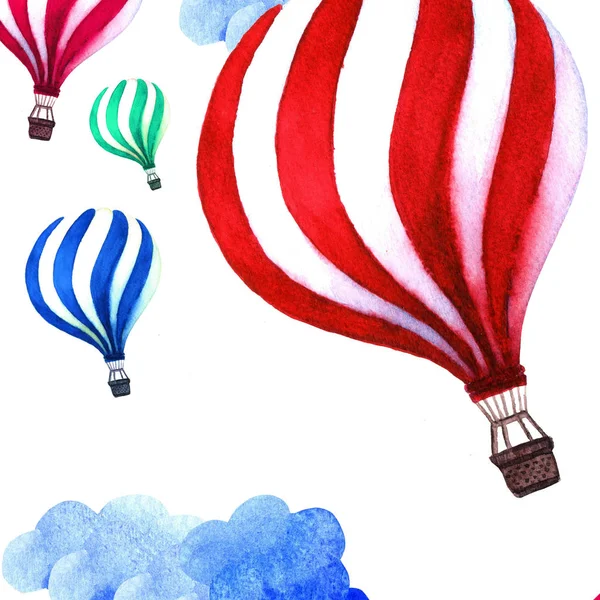 Hőlégballon a felhők háttérben. Kézzel rajzolt akvarell kollázs illusztráció léggömb banner égen. Design — Stock Fotó