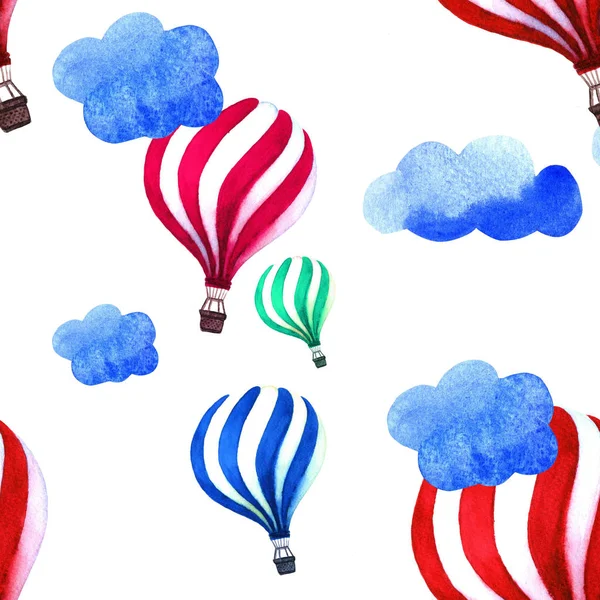 Akvarelu vzorek s balónu a mraky. Ručně tažené ilustrace vintage koláž. Textura ručně malované děti. — Stock fotografie