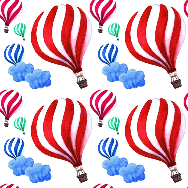Hot air balloons with cute clouds pattern. Bright colors design. Baby shower illustrations on blue sky background. Child drawing style.