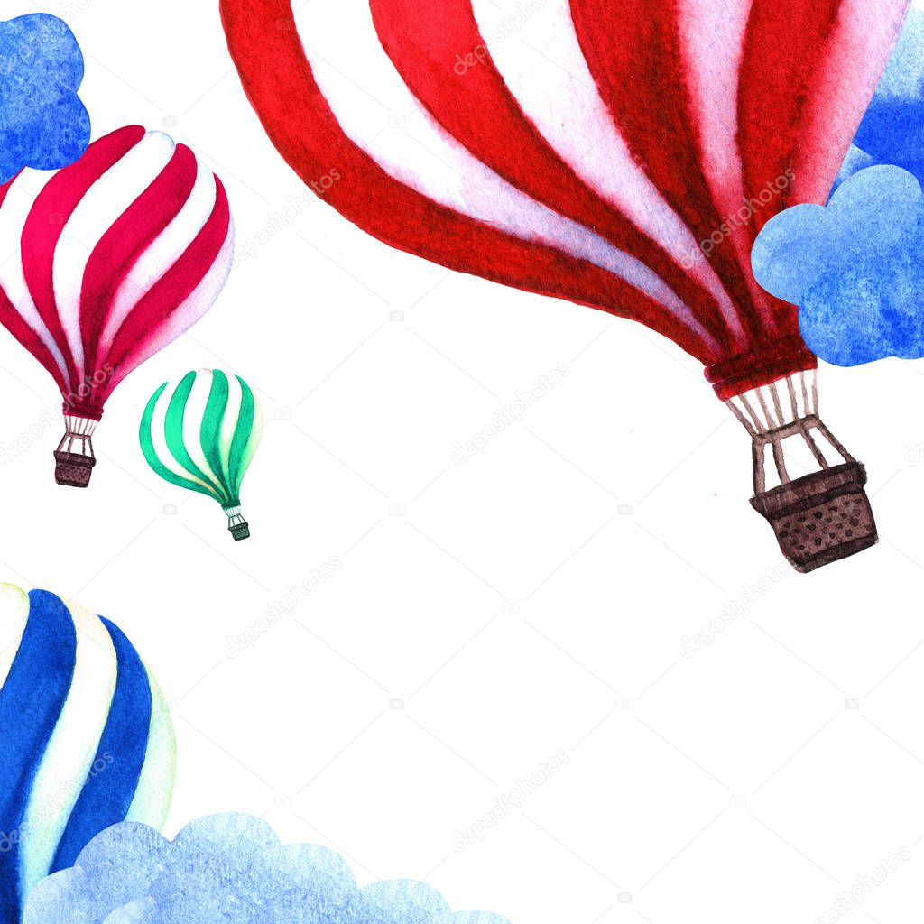 Watercolor card with air balloons and clouds. Hand drawn vintage collage illustration  hot  balloon  banner in sky. Background design