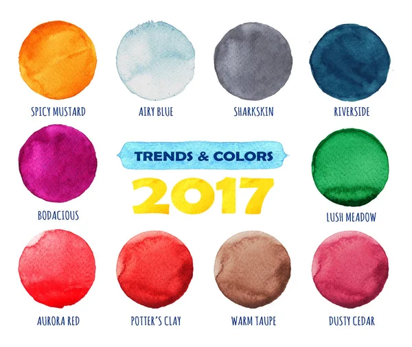 Colore e tendenze dell'anno 2017. Set cerchi dipinti a mano ad acquerello. Bellissimi elementi di design . — Foto Stock