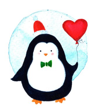Sevimli kutlama Noel balon kalp ile bir penguen karikatür. Suluboya illüstrasyon izole beyaz arka plan üzerinde