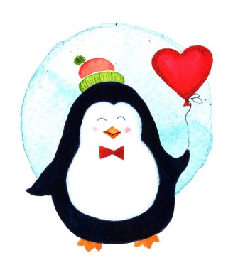 Sevimli penguen Sevgililer daycartoon bebekler ve küçük çocuklar için büyük kalp balon tutuyor. Suluboya illüstrasyon izole beyaz arka plan üzerinde