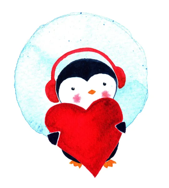 Ευχετήρια κάρτα για το χαριτωμένο καρτούν πιγκουίνος με την καρδιά. Ακουαρέλα εικονογράφηση που απομονώνονται σε λευκό φόντο — Φωτογραφία Αρχείου