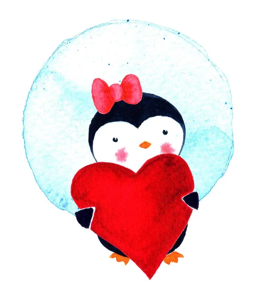 Κάρτα για την ημέρα του Αγίου Βαλεντίνου με αγάπη πιγκουίνος. Ακουαρέλα εικονογράφηση απομονωμένη λευκό φόντο — Φωτογραφία Αρχείου