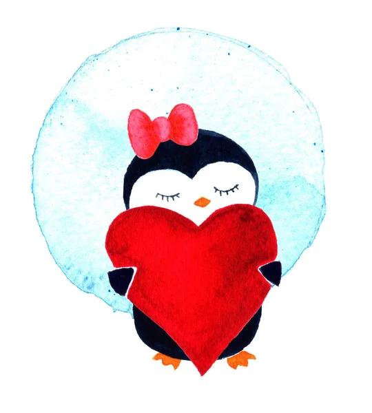 Пінгвін дівчина з серцем. Акварель ілюстрація ізольовані на білому тлі — стокове фото