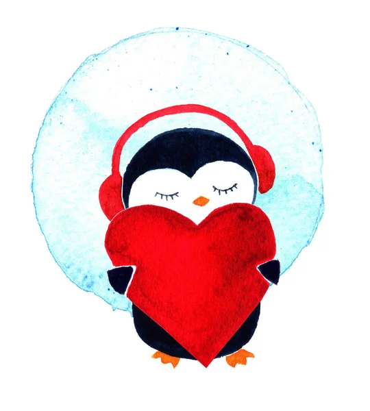 Пінгвін з серцем і навушниками. Акварельна ілюстрація ізольована на білому тлі — стокове фото