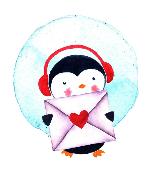 Niedlicher Pinguin mit Umschlag. Aquarell-Illustration isoliert auf weißem Hintergrund — Stockfoto