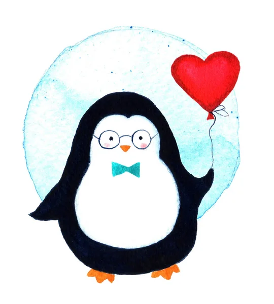 Мультяшний пінгвін для малюків і маленьких дітей. Акварельна ілюстрація ізольована на білому тлі. Красива вітальна листівка з шаблоном . — стокове фото