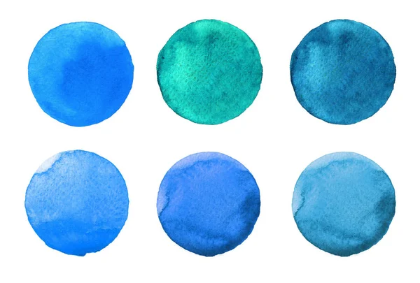 Set of colorful watercolor hand painted circle isolated on white. Illustration for artistic design. Round stains, blobs blue — Stock Photo, Image