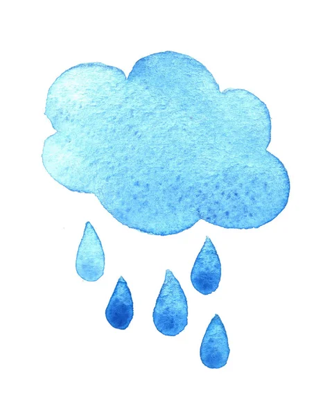 Handbemalte Aquarellwolken und Regentropfen isoliert auf Weiß — Stockfoto
