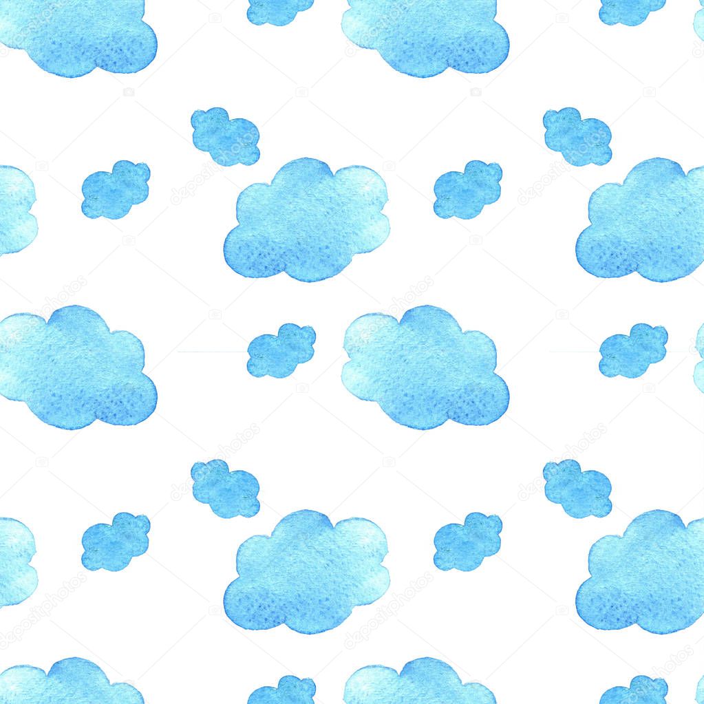 Blue watercolor clouds background. Hand painted  cloud isolated on white.