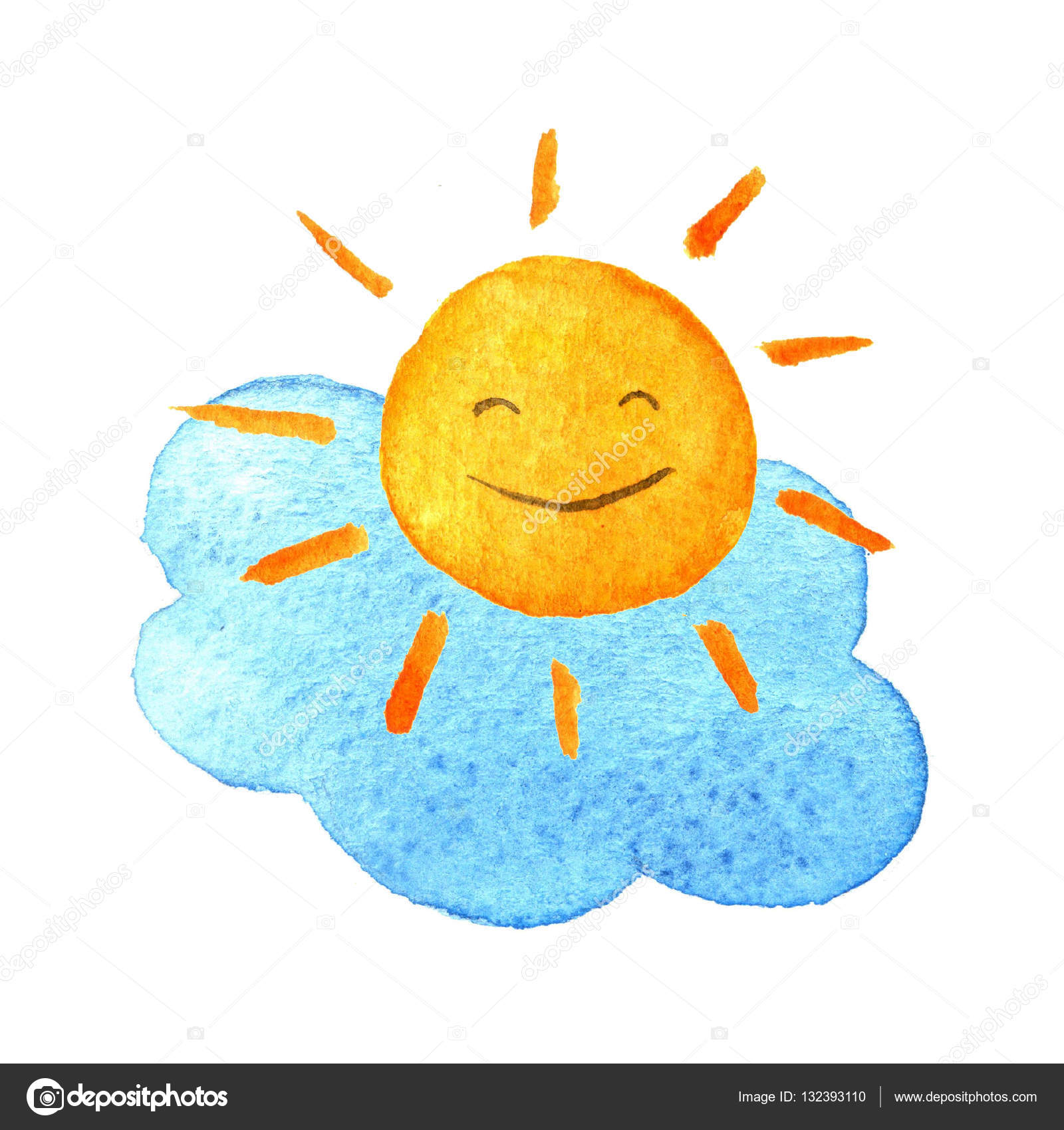 Simpatico cartone animato nuvola e sole Illustrazione dell acquerello sole sorridente sveglio e nuvola disegnata a mano Acqua colore verniciato
