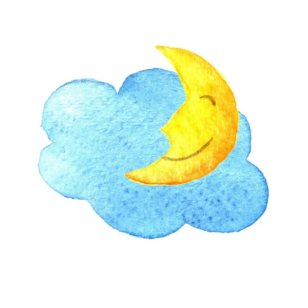 Niedlichen Cartoon Wolke und lächelnden Mond. handgezeichnete Aquarell-Illustration. Aquarell gemalte Zeichnung. — Stockfoto