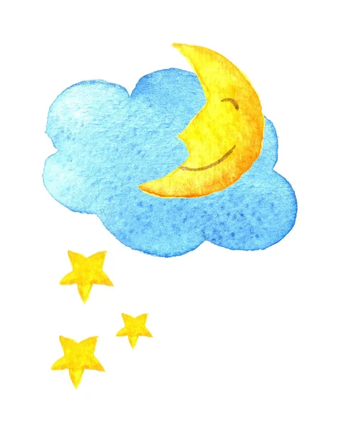 Söta tecknade moln, stjärnor och leende månen. Hand dras akvarell illustration. Vatten-färg målade ritning. — Stockfoto