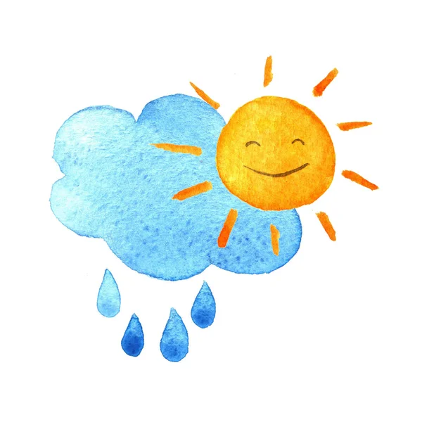 Wetter-Aquarell-Symbol. Sonne, Tropfen und Wolken. Handgemalte Illustration. — Stockfoto