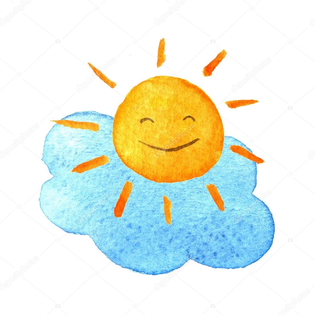 Cute cartoon cloud and sunshine. Hand drawn watercolor illustration smiling sun. Water-color painted drawing.