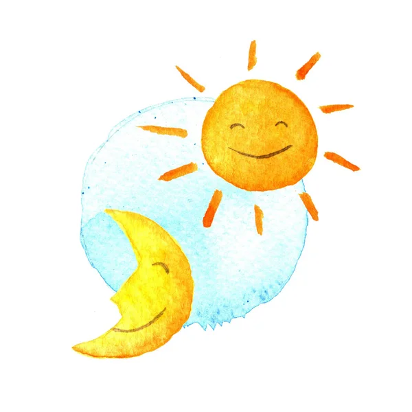 Dag och natt, sol, måne akvarell ikonen. Söt leende, hälften. handmålad illustration. 24 timmar logga. — Stockfoto