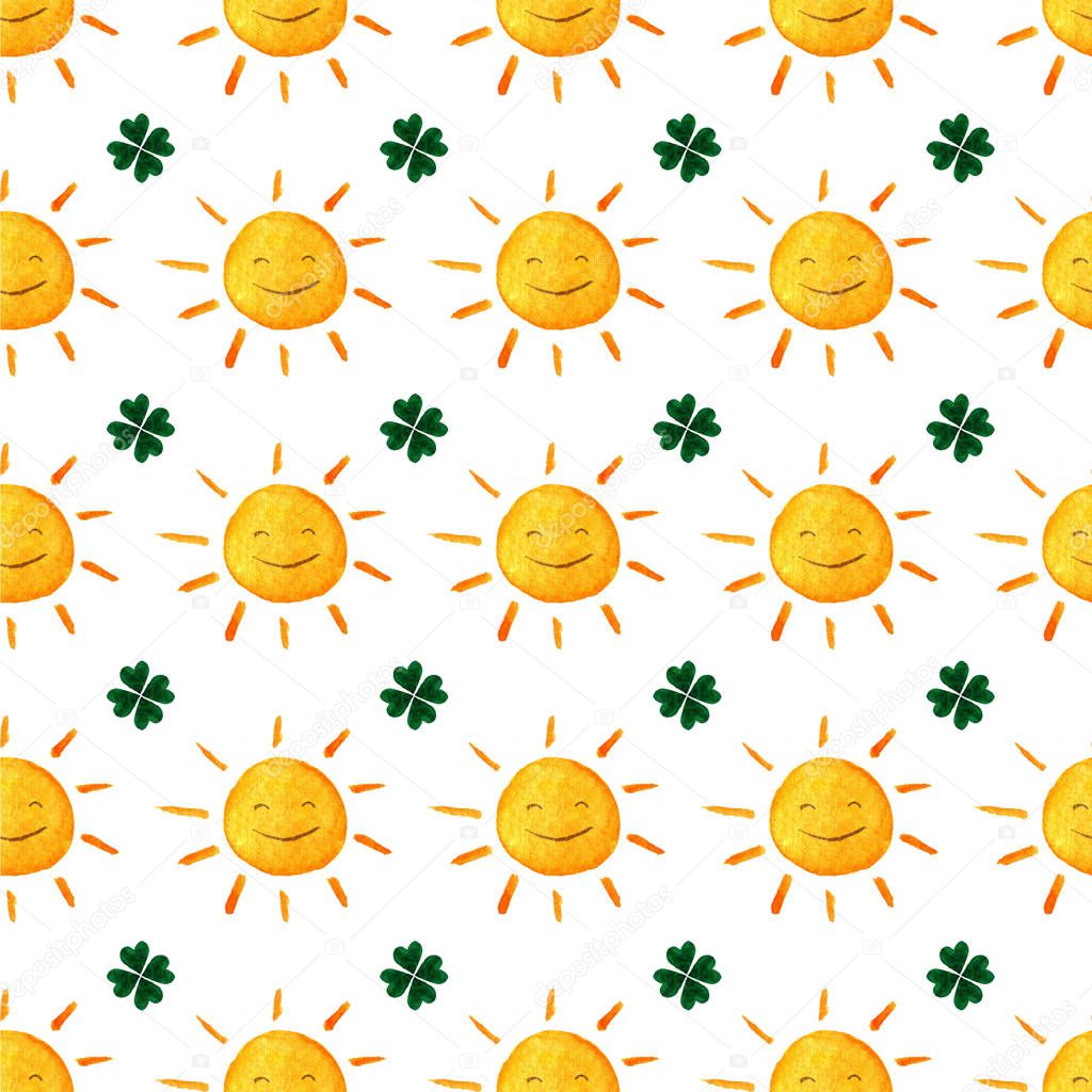 Childish seamless pattern with suns and clovers. Cute smiling sun clover. Good Luck. Green leaves. St.Patrick 's Day. Hand painted illustration. Charity