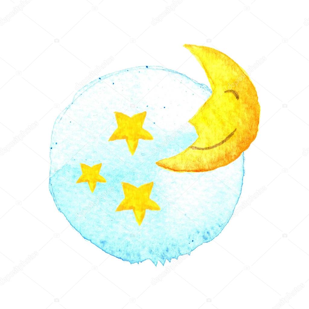 The moon and stars on painted watercolor. icon. Sleep dreams symbol. Night or bed time sign. Baby Blue Yellow Hand- Illustration Isolated white background