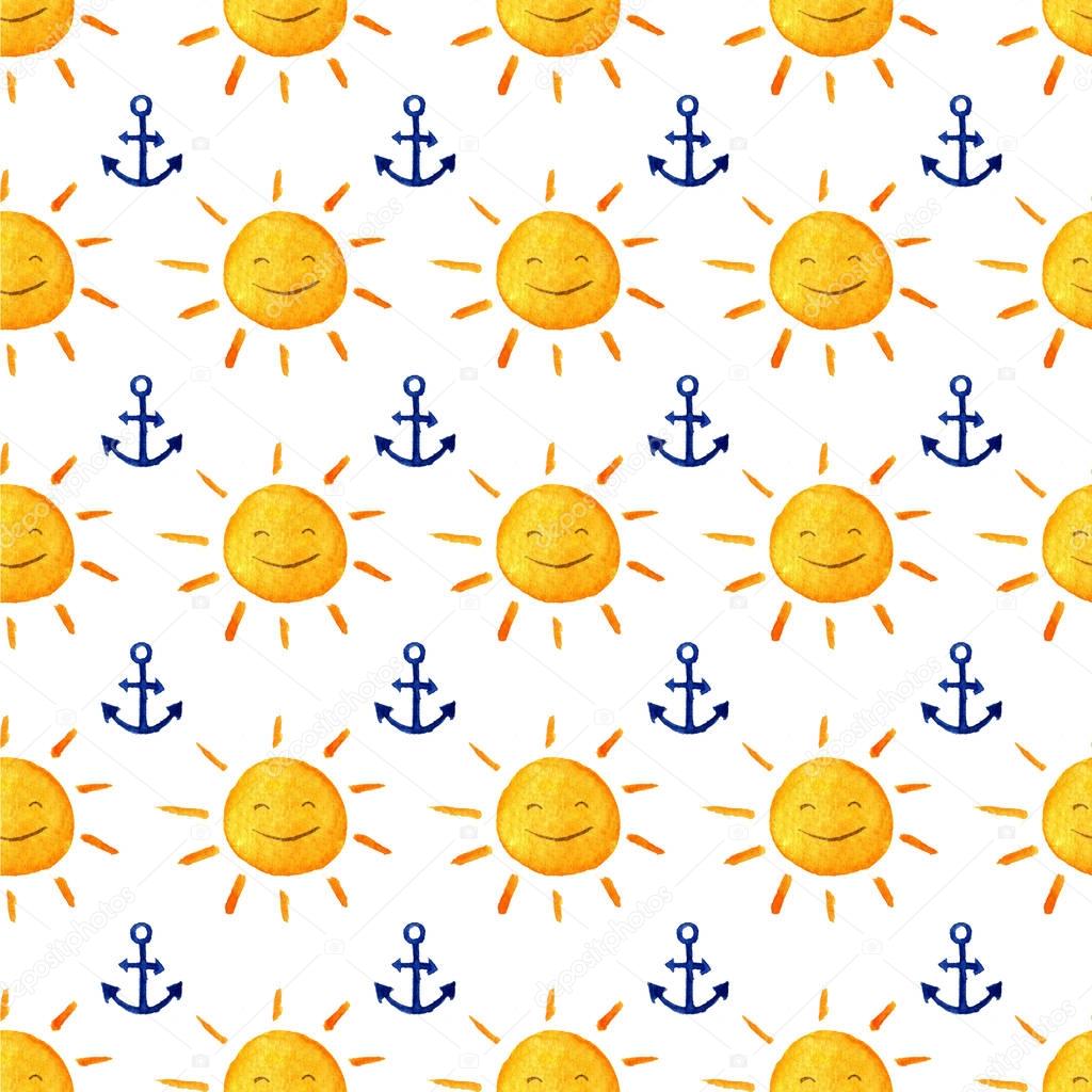 Blue summer and sea themed seamless pattern. Baby hand painted illustration. Wallpaper with anchor suns, watercolor