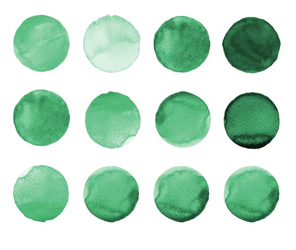 Uppsättning av grön akvarell handmålade cirkel isolerade på vitt. Illustration till konstnärlig gestaltning. Runda fläckar, blobbar — Stockfoto