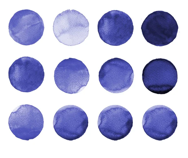 Conjunto de azul acuarela pintado a mano círculo aislado en blanco. Ilustración para diseño artístico. Manchas redondas, manchas —  Fotos de Stock