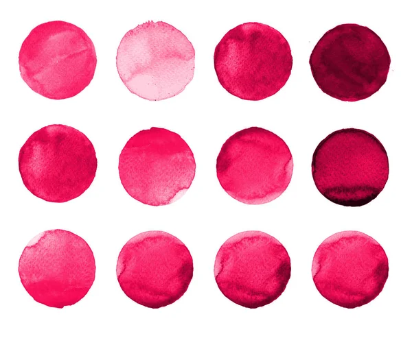 Σύνολο τριαντάφυλλο, καρμίνη, κόκκινο χέρι Υδατογραφία ζωγραφισμένη κύκλο που απομονώνονται σε λευκό. Εικονογράφηση για καλλιτεχνικό σχεδιασμό. Στρογγυλή λεκέδες, σταγόνες — Φωτογραφία Αρχείου