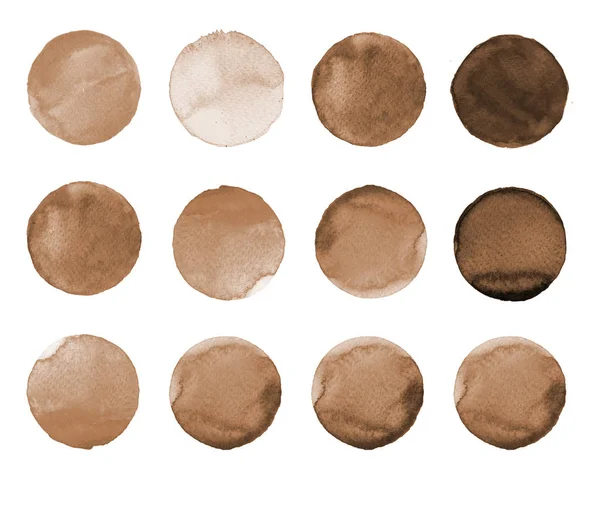 Set of brown, coffee color watercolor hand painted circle isolated on white. Illustration for artistic design. Round stains, blobs — Stock Photo, Image