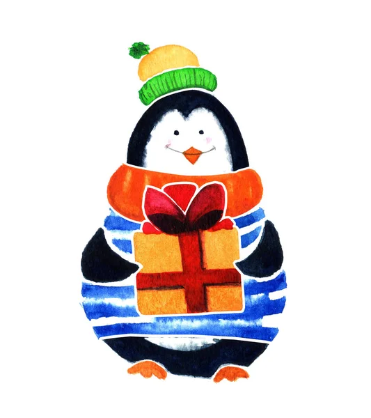 Aranyos pingvin ajándék. Rajzfilm babák és a kis gyerekek. Akvarell illusztráció elszigetelt fehér background — Stock Fotó