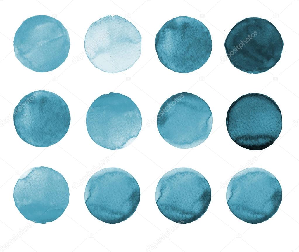 Set of gray, blue watercolor hand painted circle isolated on white. Illustration for artistic design. Round stains, blobs