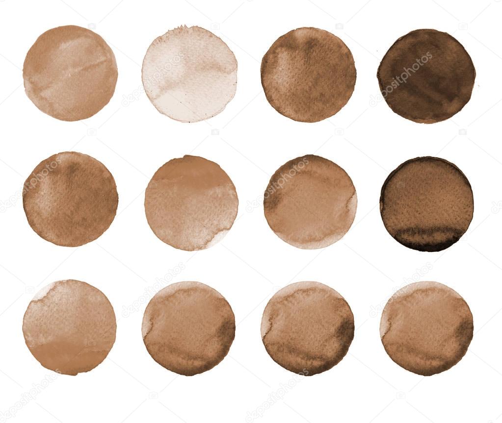Set of brown, coffee color watercolor hand painted circle isolated on white. Illustration for artistic design. Round stains, blobs