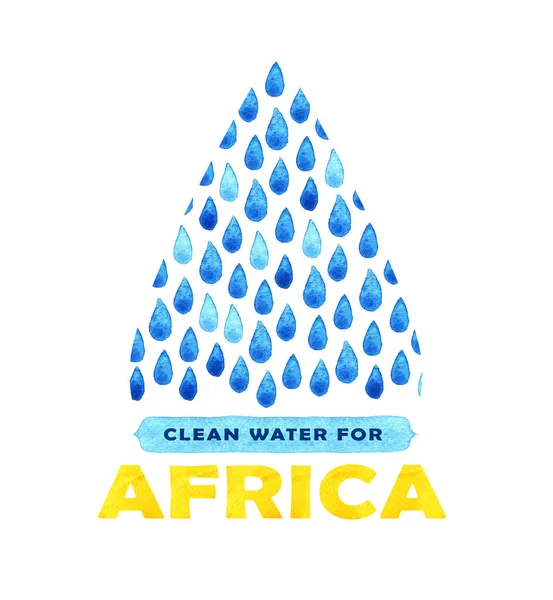 Caridad agua limpia cartel. Ilustración social sobre los problemas de África. Dando donaciones para niños y personas africanas. Proyecto de fundación. Dibujo pintado a mano de acuarela — Foto de Stock