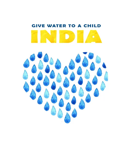 Liefdadigheid schoon Water poster. Sociale illustratie over problemen van India. Het geven van giften voor Indiase kinderen en mensen. Stichting project. Aquarel handgeschilderde tekening — Stockfoto