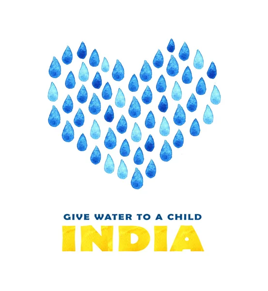 Charity poster água limpa. Ilustração social sobre problemas Índia. Dando doações para crianças e pessoas indianas. Projecto da Fundação. Desenho pintado à mão aquarela — Fotografia de Stock