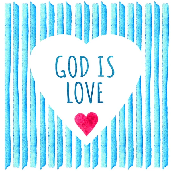 Weiße Herzform auf blauem Streifen in Aquarell gemalt. Grußkarten-Vorlage mit Text. Gott ist Liebe. Elementdesign für Plakate, Aufkleber, Banner, Einladungen, Hochzeiten. — Stockfoto