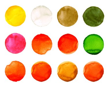 Renkli suluboya el boyalı daire üzerinde beyaz izole kümesi. Gösterim amacıyla sanatsal tasarım. Yuvarlak lekeler, BLOB'ları mavi, kırmızı, yeşil, kahverengi